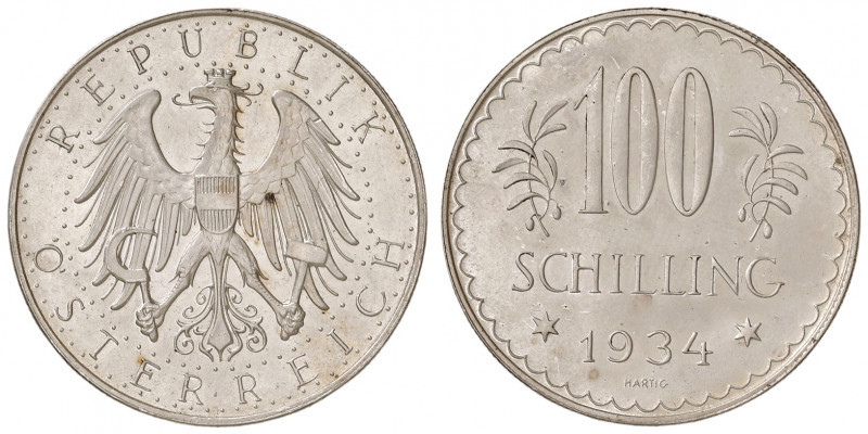 100 Schilling, 1934
1. Republik 1918 - 1933 - 1938. PROBE der Münze Wien in Silb...