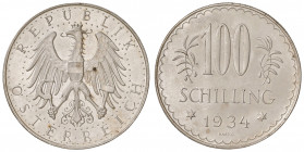 100 Schilling, 1934
1. Republik 1918 - 1933 - 1938. PROBE der Münze Wien in Silber (Ag) mit schmalem Randstab, Riffelrand, Ø 33,8 mm, Dicke 2,2 mm. Wi...