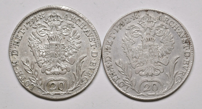 Leopold II. 1790 - 1792
Lot. 2 Stück 20 Kreuzer 1791 + 1792, beide B
a. ca 6,57g...