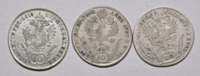 Diverse Herrscher
Lot. 3 Stück, gemischt, 10 Kreuzer 1786, 1791, 1815 mit Mzz A + B
a. ca 3,72g
s/ss