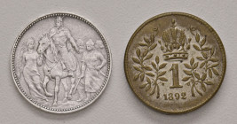 Franz Joseph I. 1848 - 1916
Lot. 2 Stück, 1x 1 Krone Landnahme 1896 und einseitige hohle Messing Krone 1892 versilbert
5,00g, 1,00g
ss/ss+