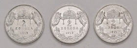 Franz Joseph I. 1848 - 1916
Lot. 3 Stück 2 Korona 1912/13/14 KB
a. ca 9,96g
ss/vz