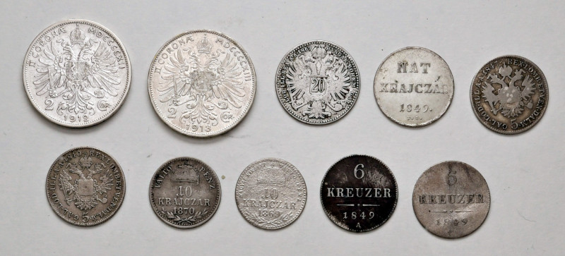 Franz Joseph I. 1848 - 1916
Lot. 10 Stück, diverse Nominale, Kreuzer, Kronen, us...