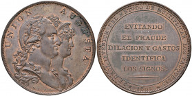 Karl IV. 1788 - 1808
Spanien. Cu Medaille, 1801. auf die Verbesserung des Münzwesens, auf die Union Augusta. Avers: Jugate-Büsten des Königspaares rec...