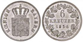 Maximilian II. 1848 - 1864
Deutschland, Bayern. 6 Kreuzer, 1856. München
2,52g
AKS 153, J.60
vz/stgl