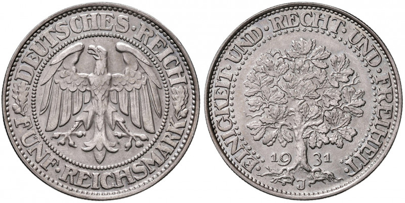 Weimarer Republik 1918 - 1933
Deutschland, Weimarer Republik. 5 Mark, 1931. Eich...