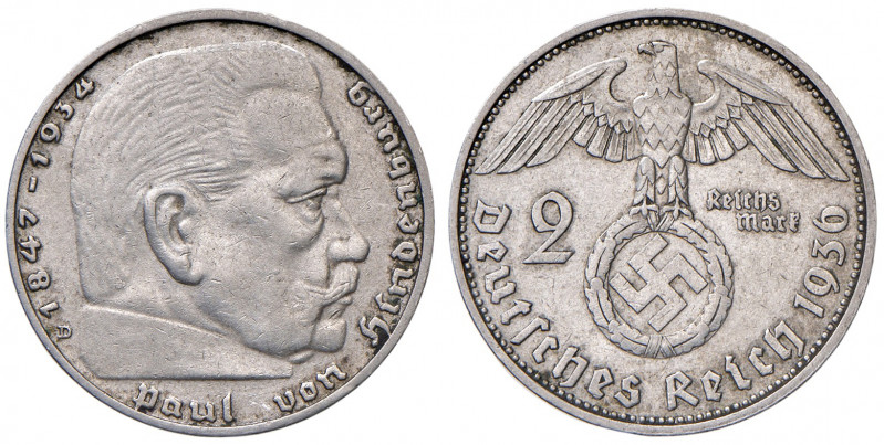 2 Reichsmark, 1936
Deutschland, 3. Reich 1938 - 1945. D München. 8,00g
J. 366
ss...