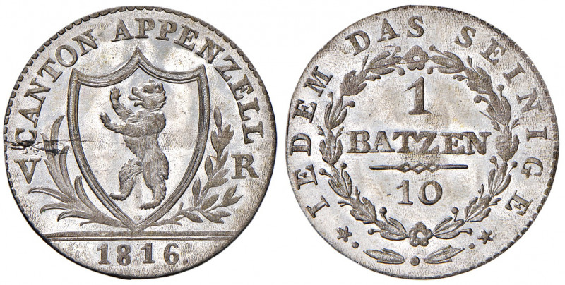 1 Batzen, 1816
Schweiz, Appenzell. 2,70g. D./T. 158a+158b; HMZ 2-31a
stgl