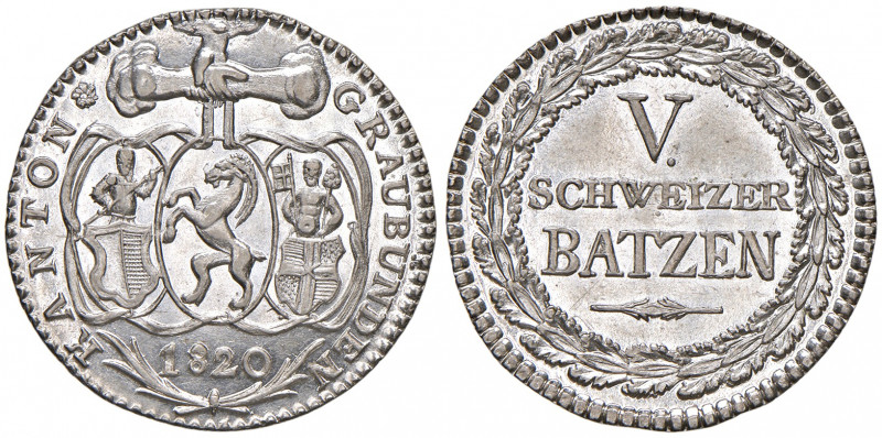 5 Batzen, 1820
Schweiz, Graubünden. 4,38g. D./T. 179b; Trachsel 1125f; HMZ 579
s...