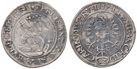 Ferdinand I. 1521 - 1564
12 Kreuzer, 1557. Klagenfurt
4,82g
MzA. Seite 40
Sf. im Avers
ss