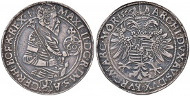 Maximilian II. 1564 - 1576
60 Kreuzer / Guldentaler, 1566. Joachimsthal
23,83g
MzA. Seite 51, Diet. 208
ss+