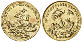 Leopold I. 1657 - 1705
St. Georgsdukat, o. Jahr. spätere Prägung, Ø 18 mm, 2x punziert
Kremnitz
1,78g
ähnlich Huszar 62
vz