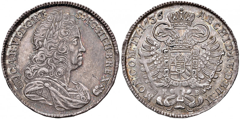 Karl VI. 1711 - 1740
1/2 Taler, 1736. KB Kremnitz
14,39g
Her. 552
f.vz/vz