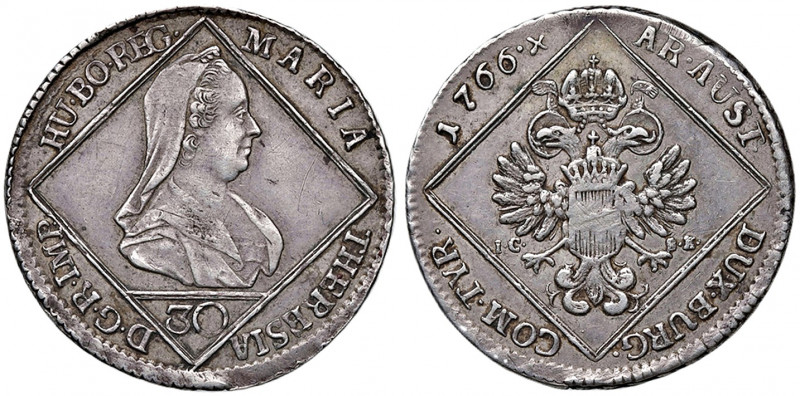 Maria Theresia 1740 - 1780
30 Kreuzer, 1766. IC-SK Wien
6,96g
Fr. 165, Her. 769,...