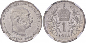 Franz Joseph I. 1848 - 1916
1 Krone, 1914. in NGC Holder
Wien
5,00g
Fr. 1983
MS 63
