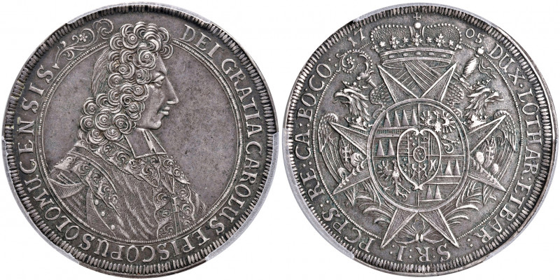 Karl III., Herzog von Lothringen 1695 - 1711
Olmütz. Taler, 1705. in NGC Holder
...