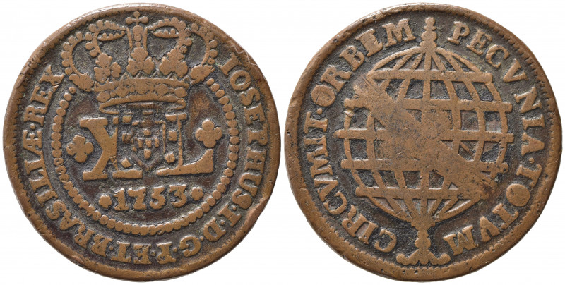 BRASILE. Jose I. 40 reis 1753 AE (27,63 g). *Contromarca BB