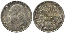 BULGARIA. Ferdinando I (1887-1918). 50 Stotinki 1913. Ag (2,5 g). KM#30. qFDC