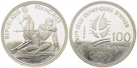 FRANCIA. 100 Francs 1992 "Albertville". Ag. Segni e impronte nei campi PROOF