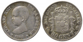 SPAGNA. Alfonso XIII 50 centimos 1892 (92). SPL