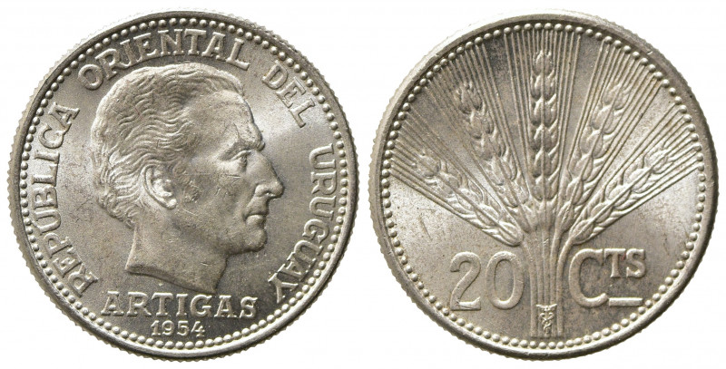 URUGUAY. 20 centesimos 1954. Ag (3,00 g). FDC