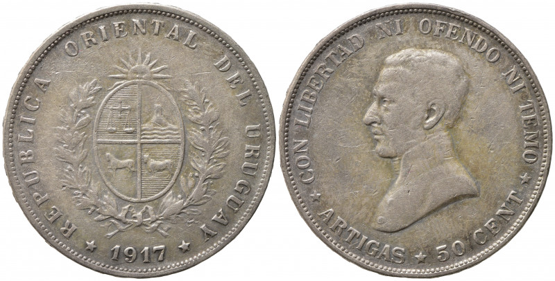 URUGUAY. 50 centesimos 1917. Ag (12,40 g). KM#22. SPL