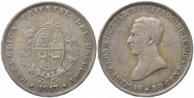 URUGUAY. 50 centesimos 1917. Ag (12,40 g). KM#22. SPL