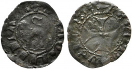 L'AQUILA. Renato d'Angiò (1435-1442) Quattrino Mi (0,61 g). Croce patente con giglio nel primo quarto - Leone. D'Andrea-Andreani 62-66. qBB