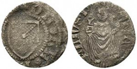 FERRARA. Nicolò II d'Este (1361-1388). Quattrino Mi ( 0.70 g - 15.1 mm). DE FERARIA; Stemma della città. R/S MAVRELIVS P; San Maurelio nimbato in pied...