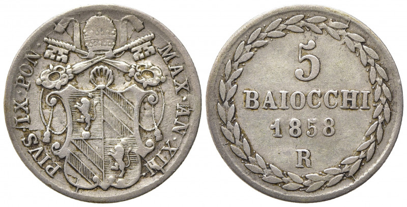 ROMA. Pio IX (1846-1870). 5 Baiocchi 1858 anno XIII. Gig. 154. BB