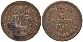 ROMA. Pio IX (1846-1870). 1/2 Baiocco 1850 anno IV. Gig. 245. Screpolatura del tondello, frattura di conio. qFDC