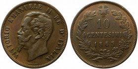 Vittorio Emanuele II (1861-1878). 10 centesimi 1863 Gig.90. MB-BB