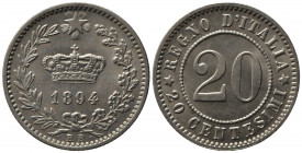 UMBERTO I (1878-1900). 20 centesimi 1894 KB. Gig. 45. qFDC
