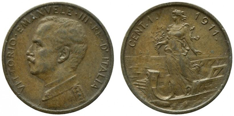 Vittorio Emanuele III (1900-1943). 1 centesimo 1911 "Italia su Prora". Gig.315 R...