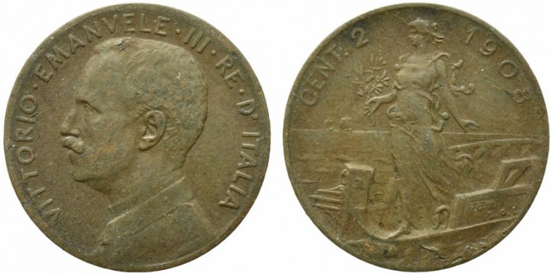 Vittorio Emanuele III (1900-1943). 2 centesimi 1908 "Italia su Prora". Gig.298 R...