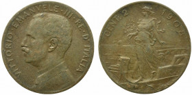 Vittorio Emanuele III (1900-1943). 2 centesimi 1908 "Italia su Prora". Gig.298 R. qBB