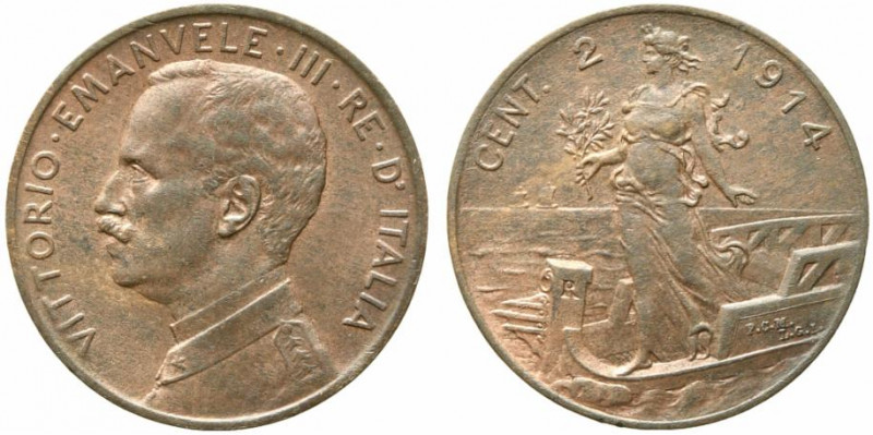 Vittorio Emanuele III (1900-1943). 2 centesimi 1914 "Italia su Prora". Gig.303. ...