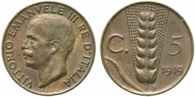 Vittorio Emanuele III (1900-1943). 5 centesimi 1919 "Spiga". Gig.265 NC. BB