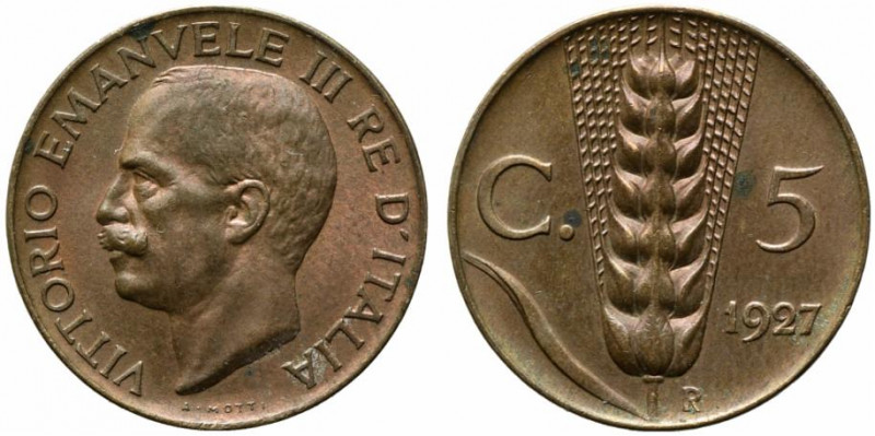 Vittorio Emanuele III (1900-1943). 5 centesimi 1927 "Spiga". Gig.273. qFDC