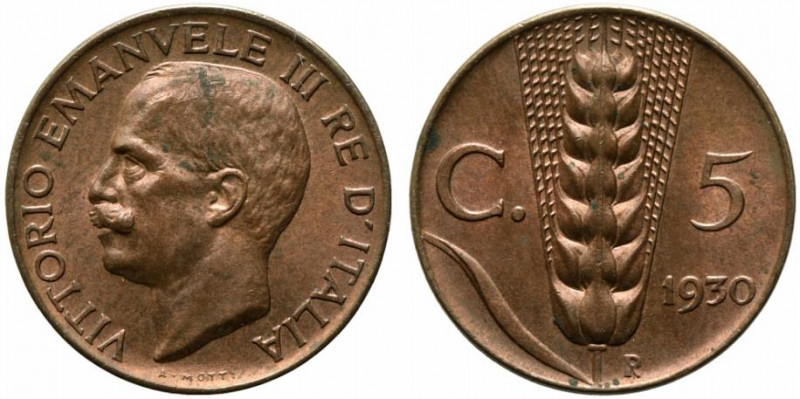Vittorio Emanuele III (1900-1943). 5 centesimi 1930 "Spiga". Gig.276. FDC