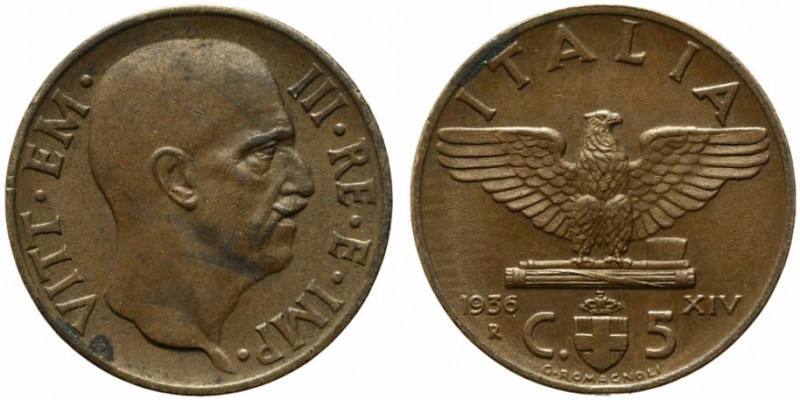 Vittorio Emanuele III (1900-1943). 5 centesimi 1936 "Impero". Gig.284. BB+