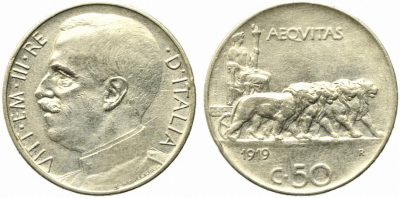 Vittorio Emanuele III (1900-1943). 50 centesimi 1919 contorno liscio "Leoni". Gi...