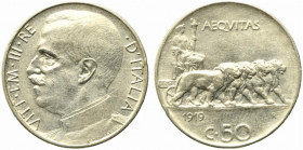Vittorio Emanuele III (1900-1943). 50 centesimi 1919 contorno liscio "Leoni". Gig. 162 NC. BB+
