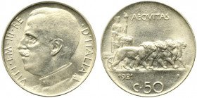 Vittorio Emanuele III (1900-1943). 50 centesimi 1921 contorno liscio "Leoni". Gig. 166. SPL