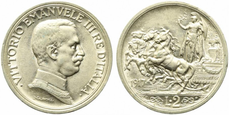 Vittorio Emanuele III (1900-1943). 2 lire 1917 "Quadriga briosa". Gig. 104 NC. S...