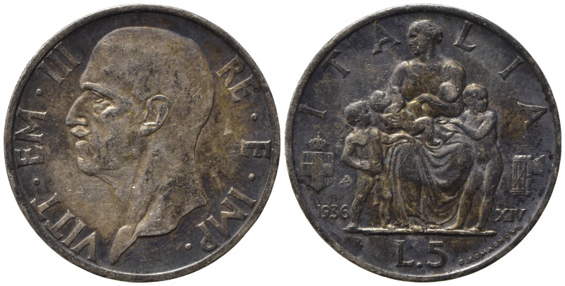 Vittorio Emanuele III (1900-1943). 5 lire 1936. Gig. 83. patina scura SPL