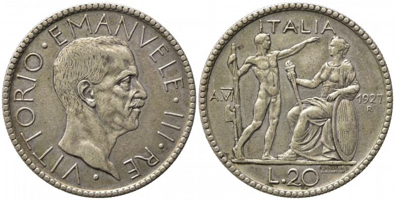 Vittorio Emanuele III (1900-1943). Roma. 20 lire Littore 1927 anno VI Ag (15 g -...