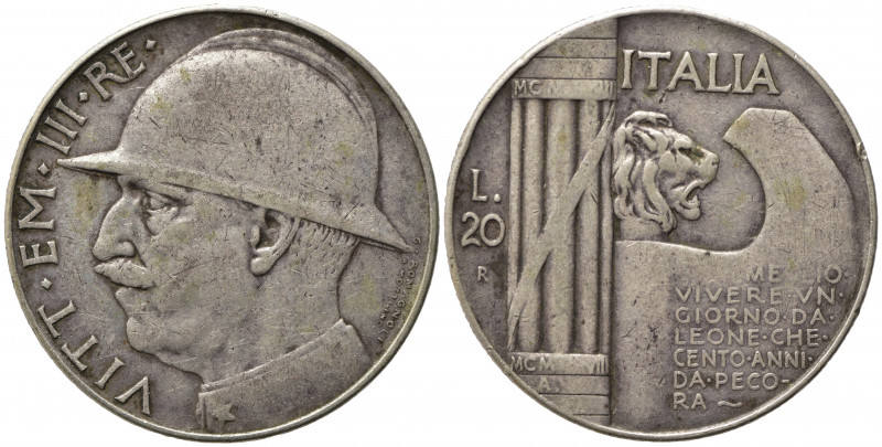 Vittorio Emanuele III (1900-1943). 20 lire "Elmetto" 1928. Ag. MB-BB