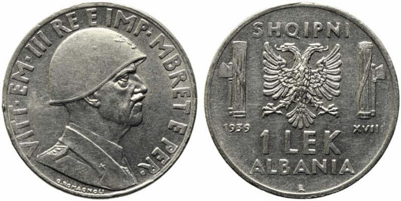 Vittorio Emanuele III (1900-1943). ALBANIA. 1 lek 1939 XVIII "magnetica". Gig. 6...