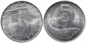 REPUBBLICA ITALIANA. 5 lire 1969 "Delfino" var. 1 capovolto. FDC